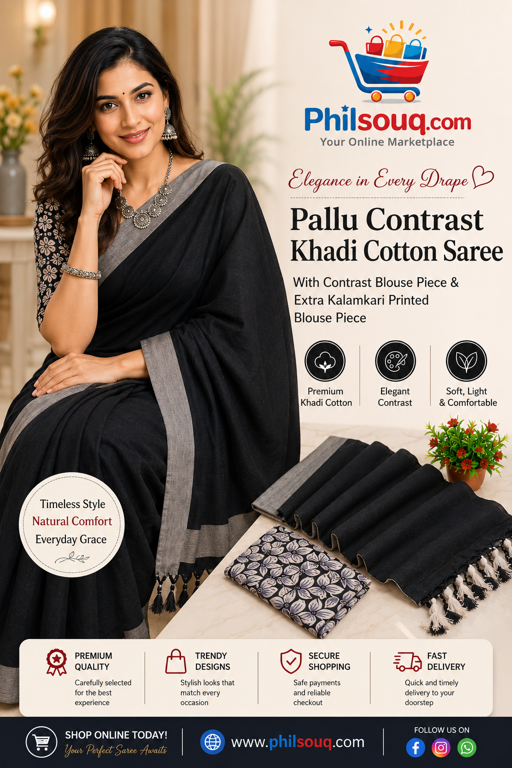 Pallu Contrast Khadi Cotton Saree - JO