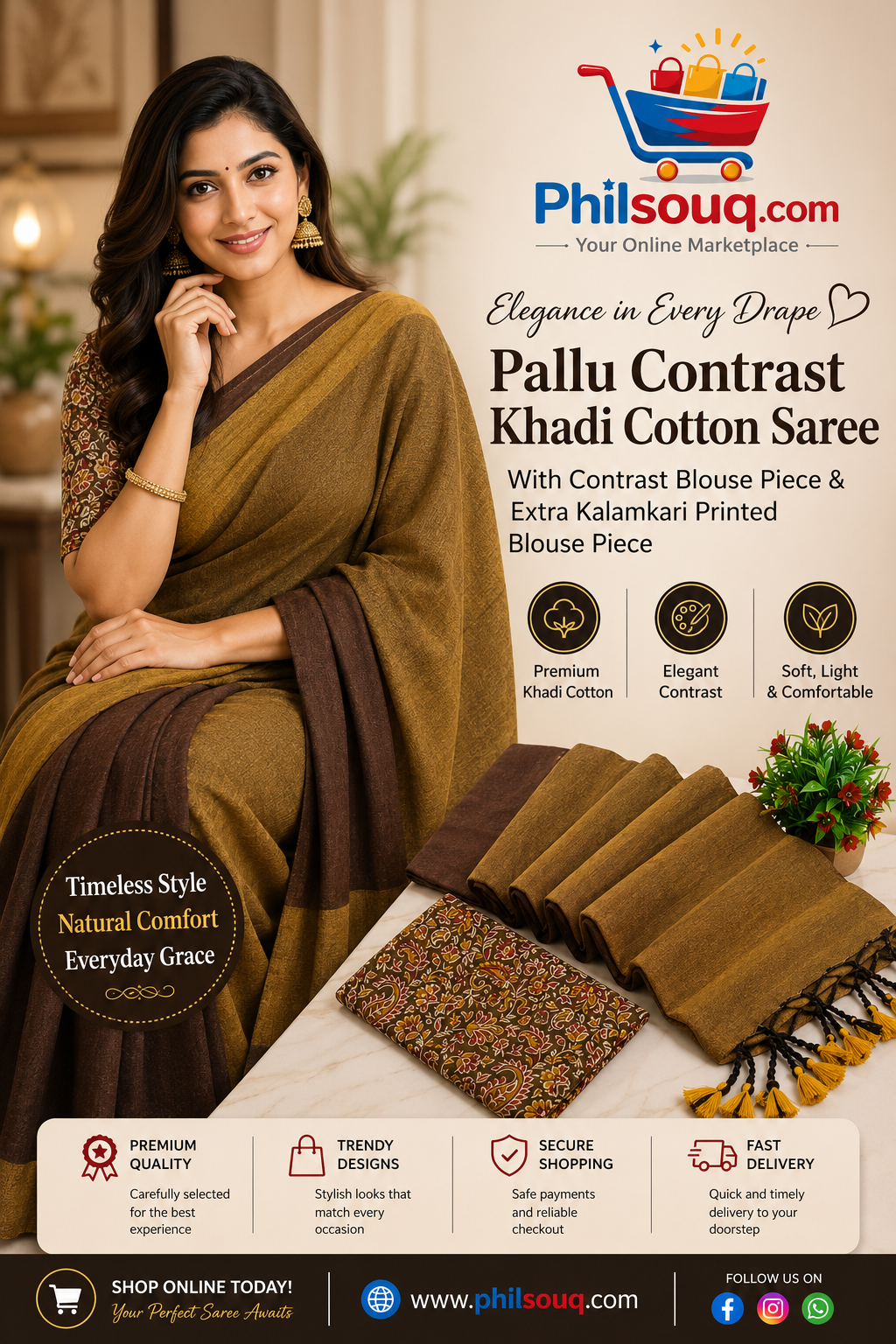 Pallu Contrast Khadi Cotton Saree - JO