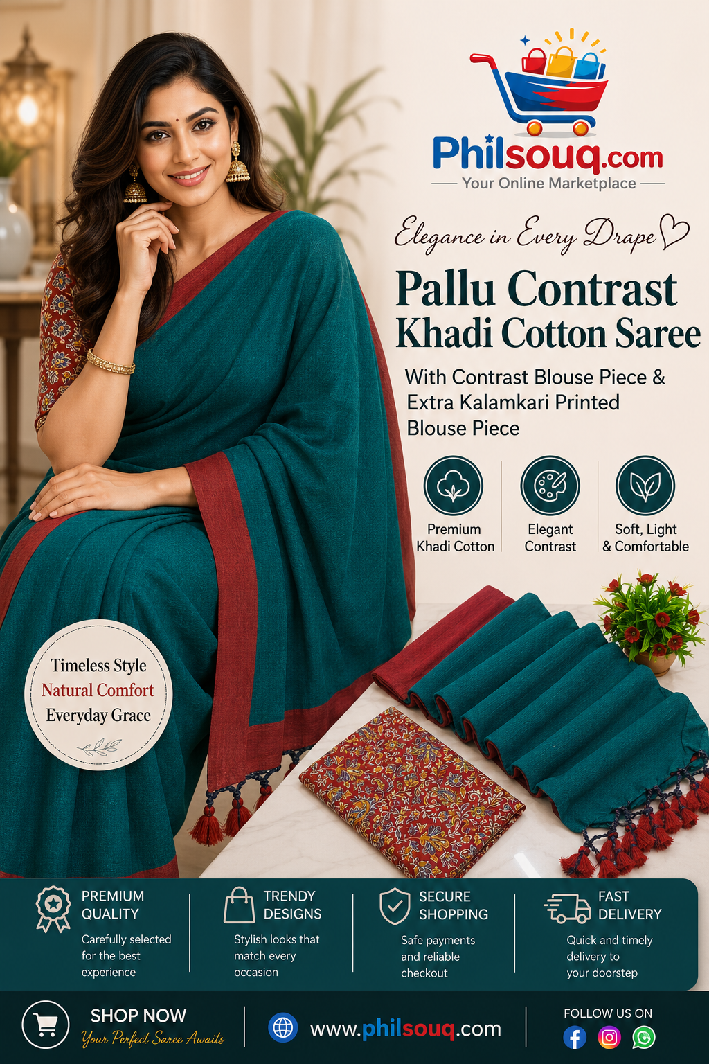 Pallu Contrast Khadi Cotton Saree -JO