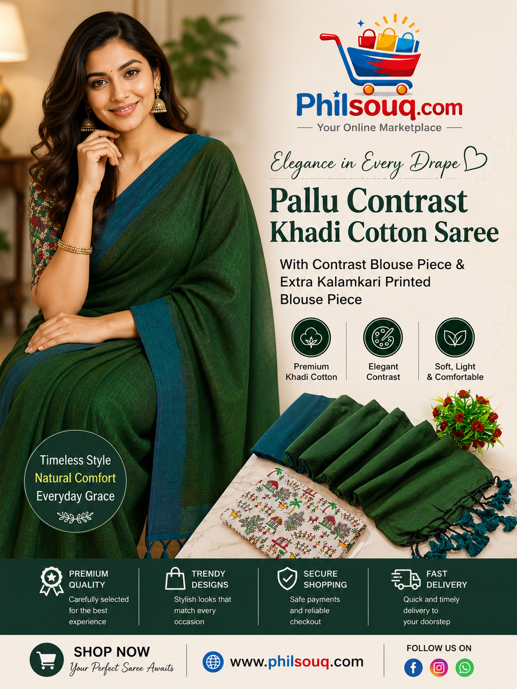 Pallu Contrast Khadi Cotton Saree-JO