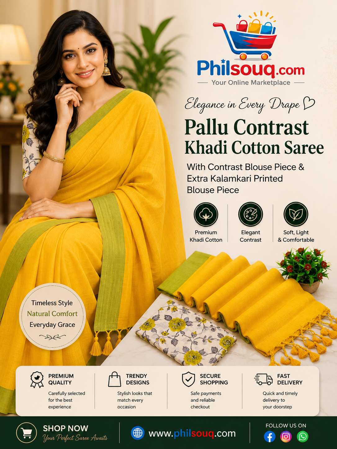 Pallu Contrast Khadi Cotton Saree - JO