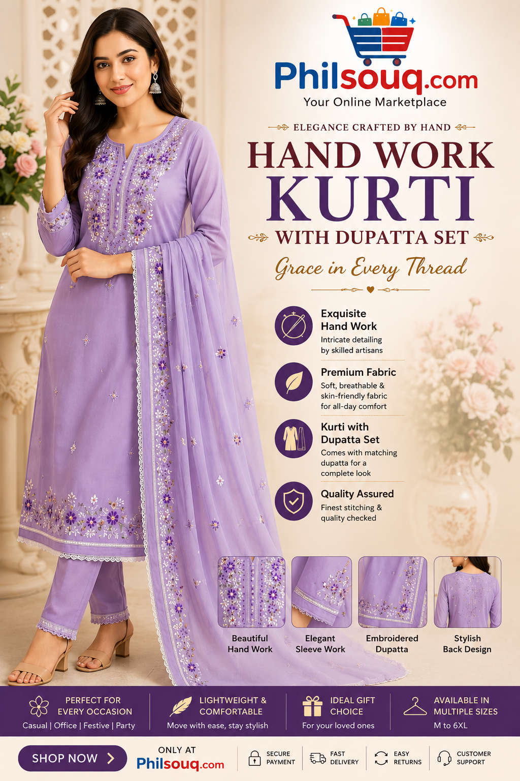 Hand Work Kurti with Dupatta & Pant Set - SU
