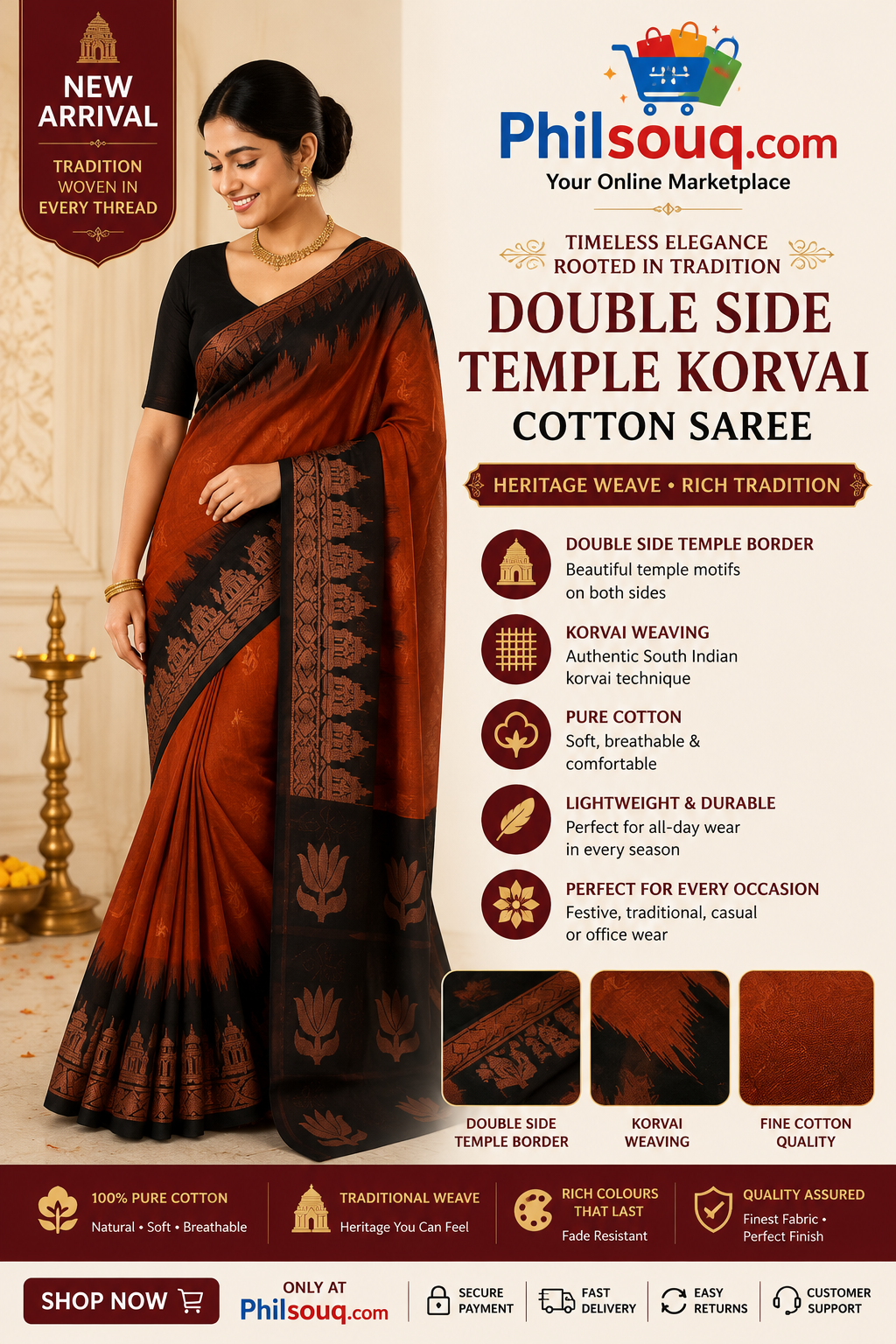 DOUBLE SIDE TEMPLE KORVAI COTTON SAREE -KBG