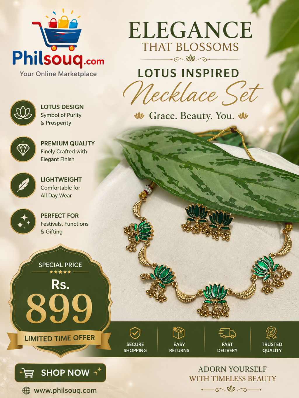 Lotus with Half Moon Necklace -KBG