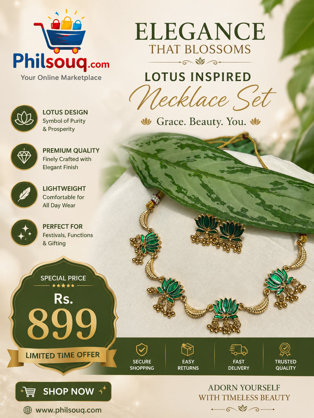 Lotus with Half Moon Necklace -KBG