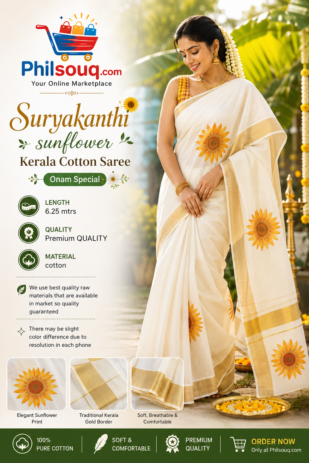 🌻 Suryakanthi – Sunflower Kerala Cotton Saree 🌻 - KBG