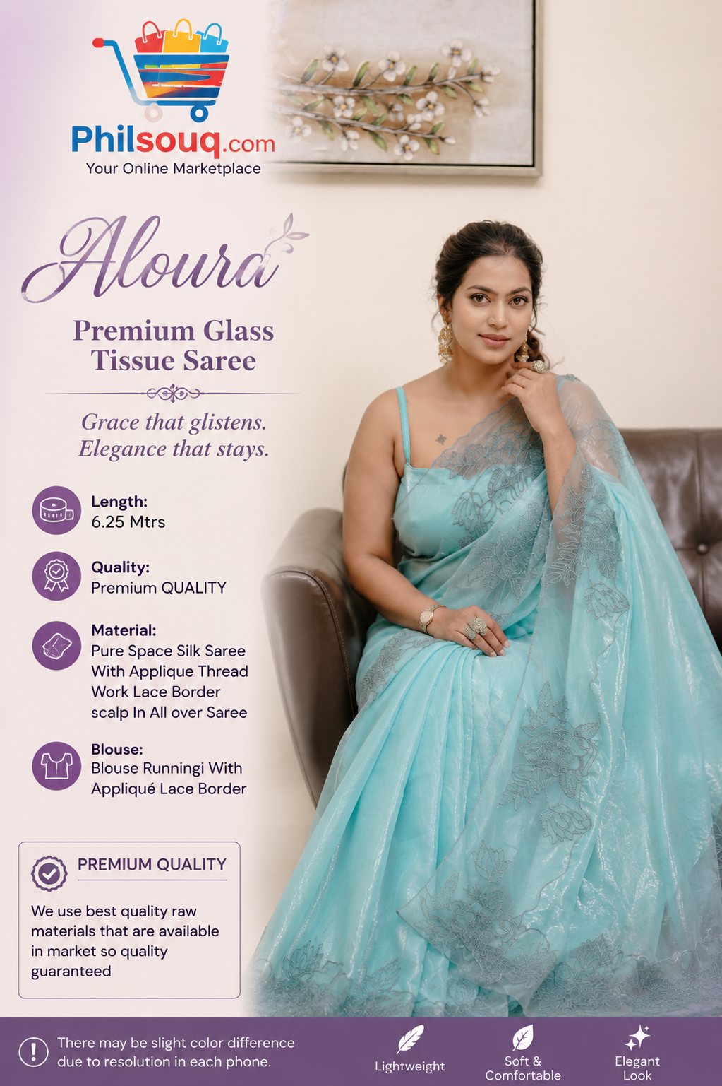 Aloura – Premium Glass Tissue Saree - KBG