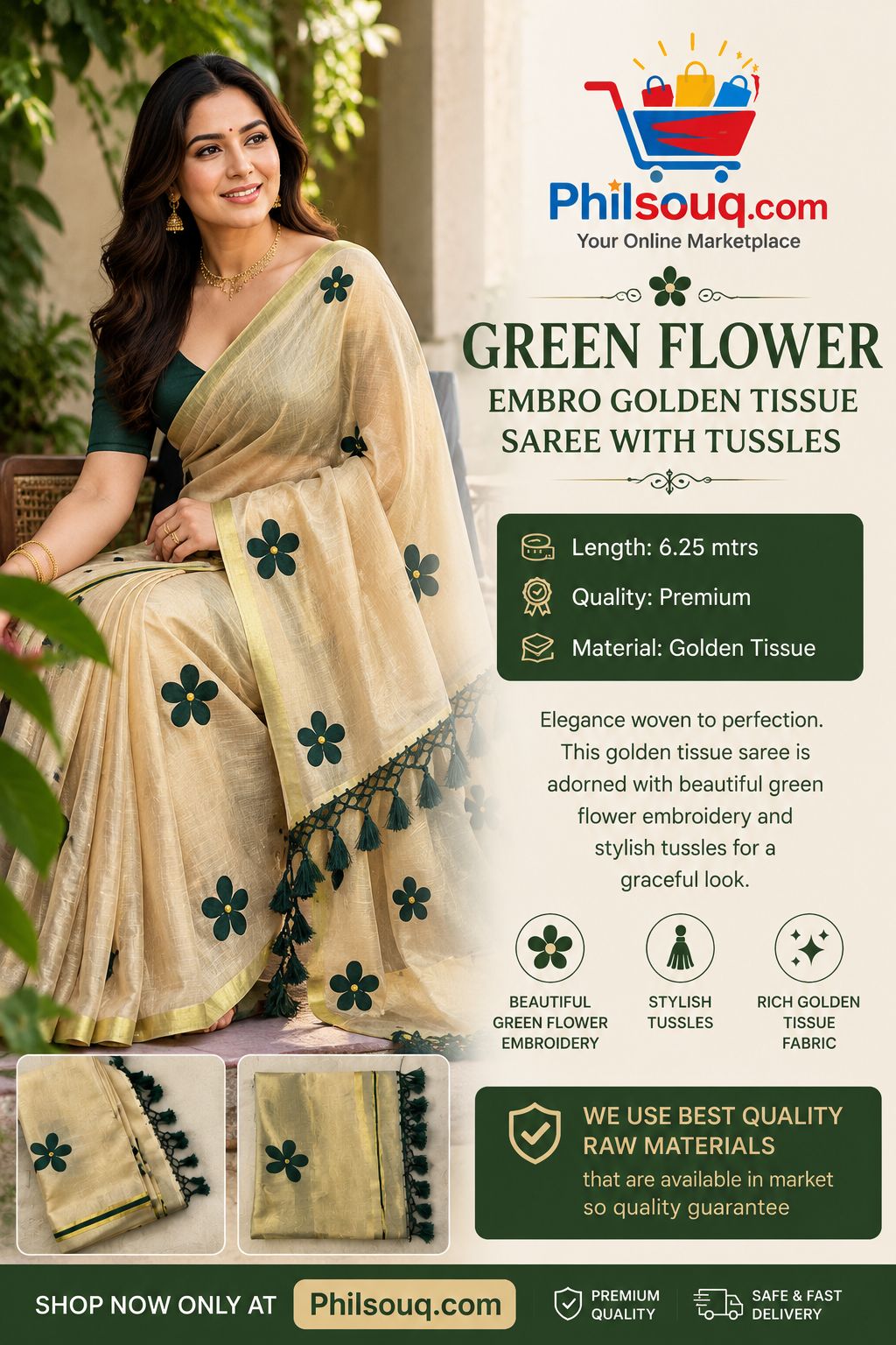 Green Flower Embro Golden Tissue Saree with Tassels - KBG