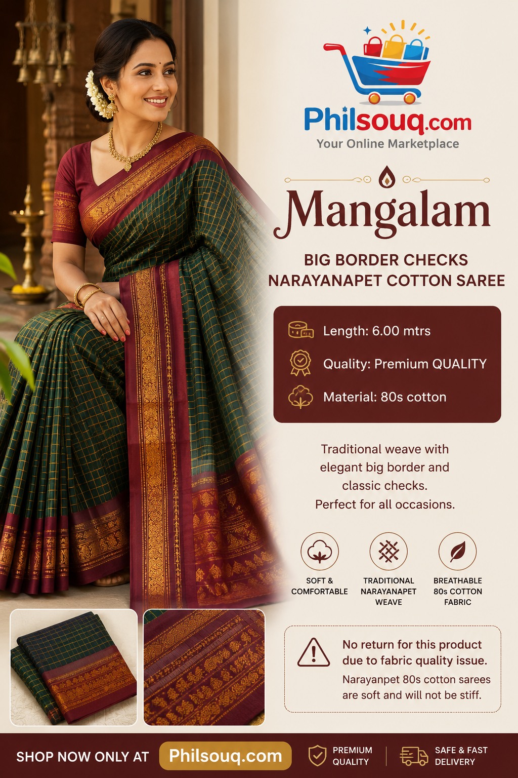 Mangalam – Big Border Checks Narayanapet Cotton Saree - KBG