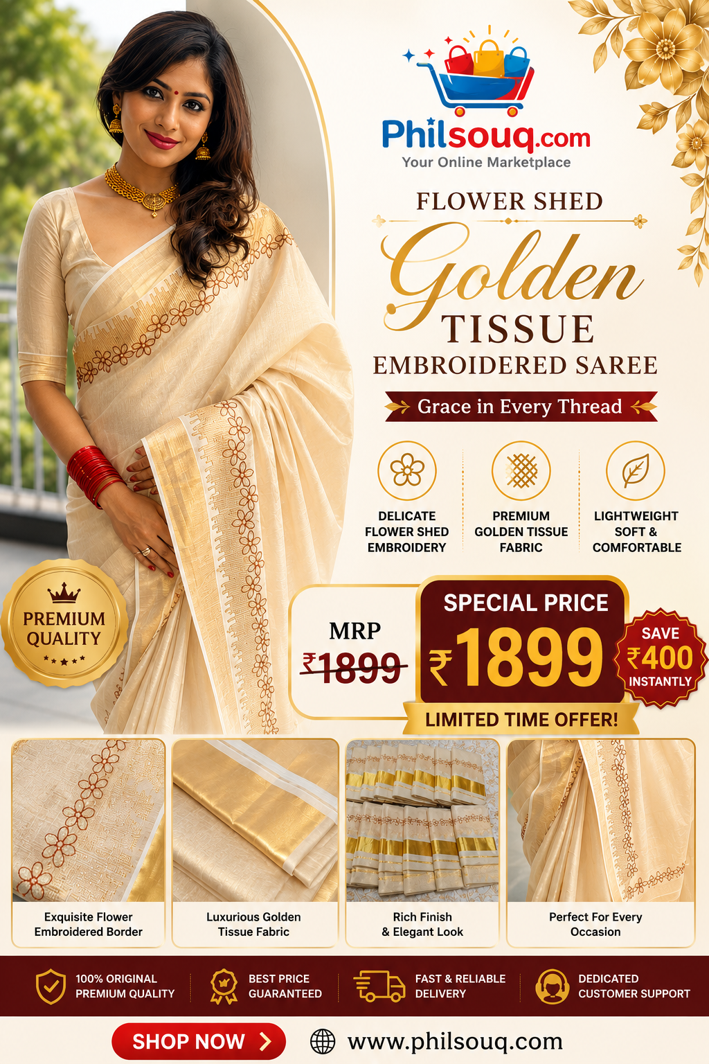 Flower Shed Golden Tissue Embroidered Saree -KBG