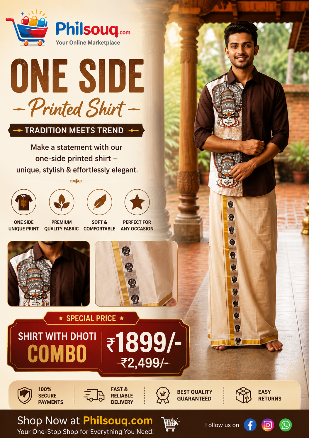 ONE SIDE Printed Shirt with Dhoti Combo - KBG