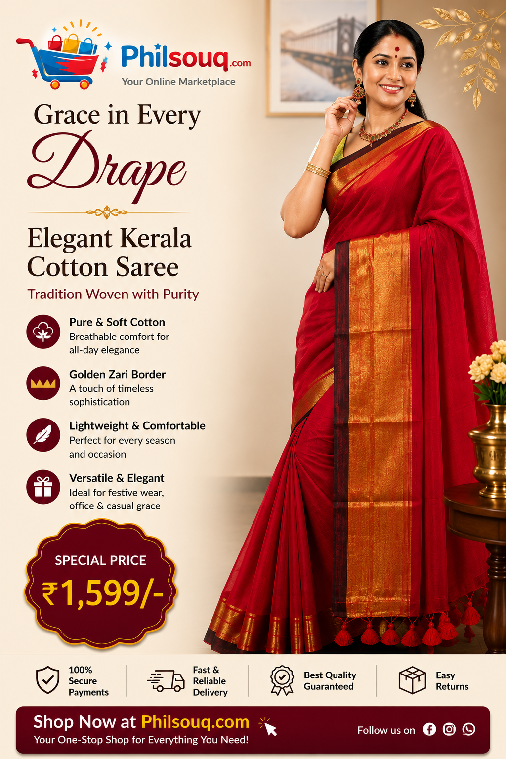 Kasthoori - Red Color Mul Cotton Saree - KBG