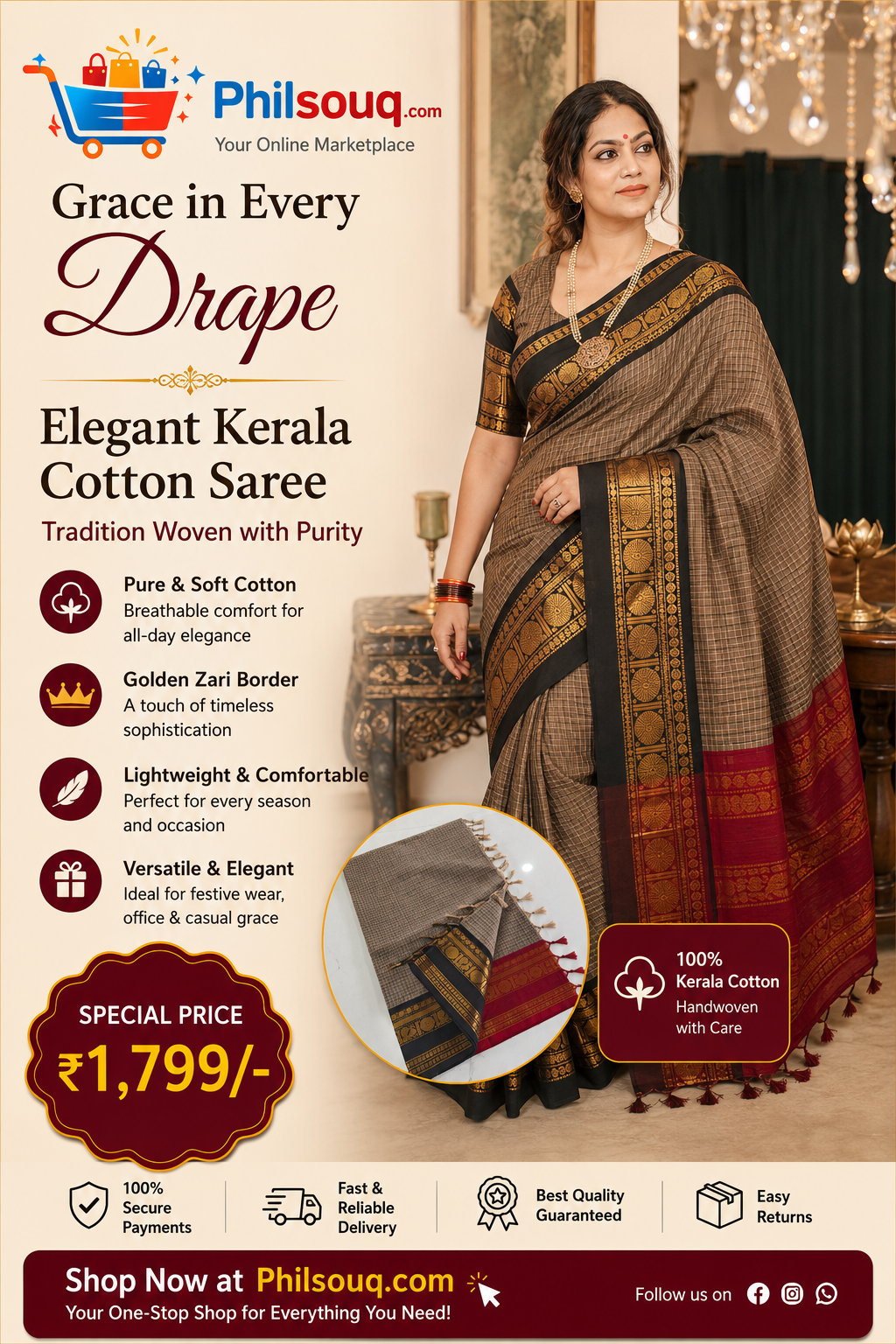 Ganga Jamuna border Jari Checks Chettinad cotton Saree - KBG