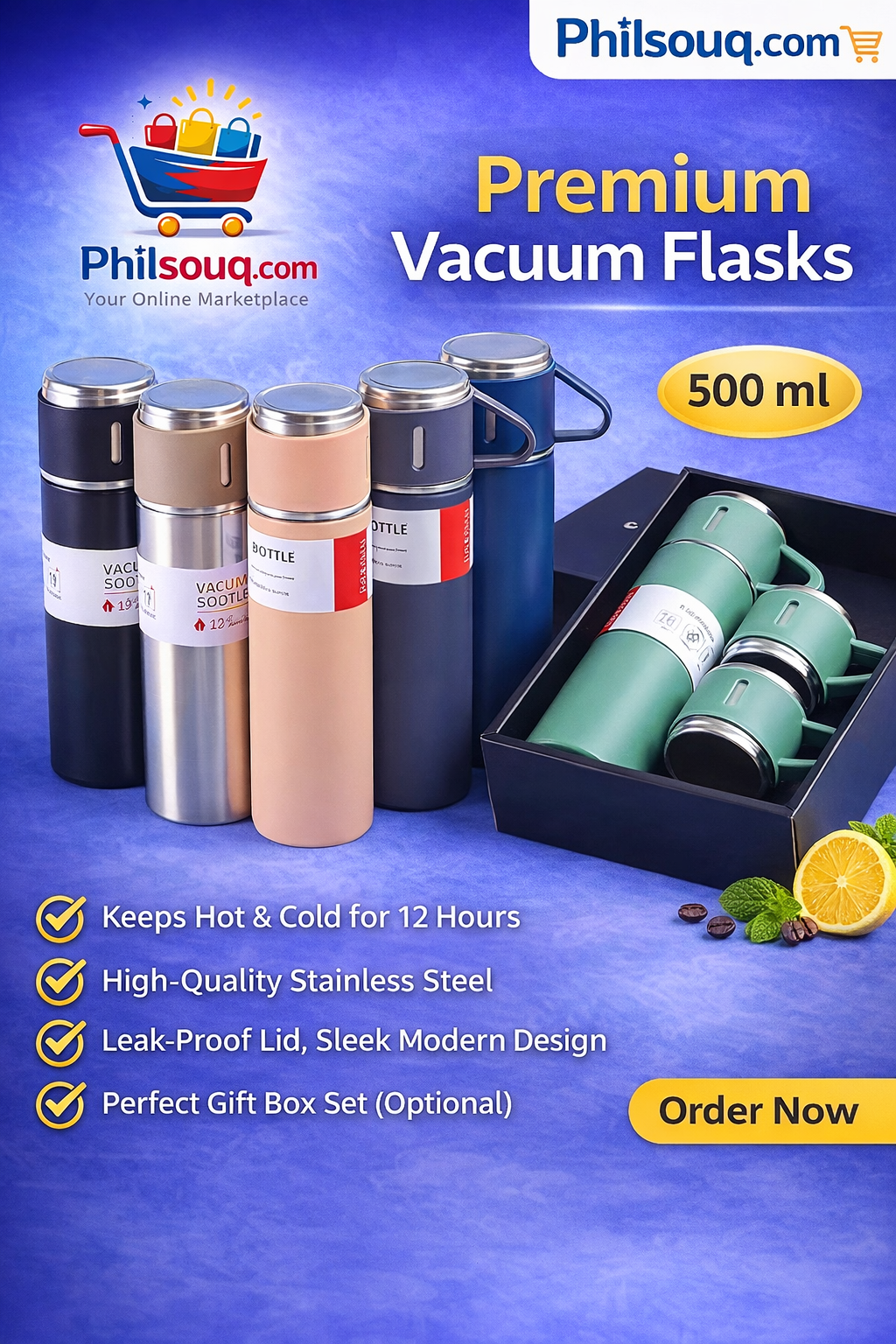 Premium Vacuum Flask – Hot & Cold Insulated Bottle (500ml)