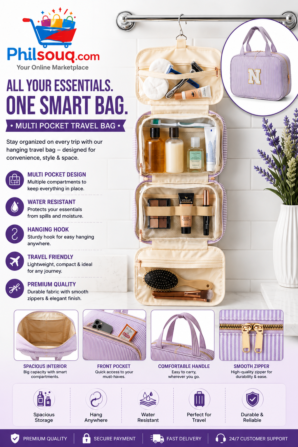 Travel Multi Pocket Toiletry Bag Hanging Cosmetic Makeup Organizer Pouch (1 Pc)