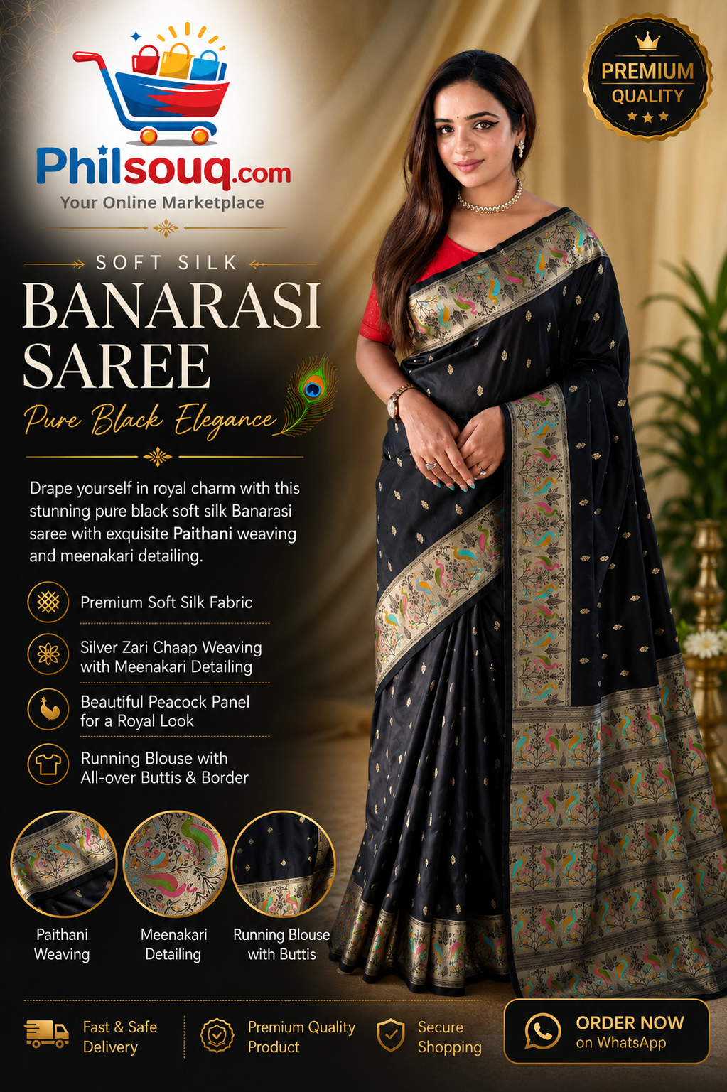 Soft Silk Banarasi Saree – Pure Black Elegance - SU