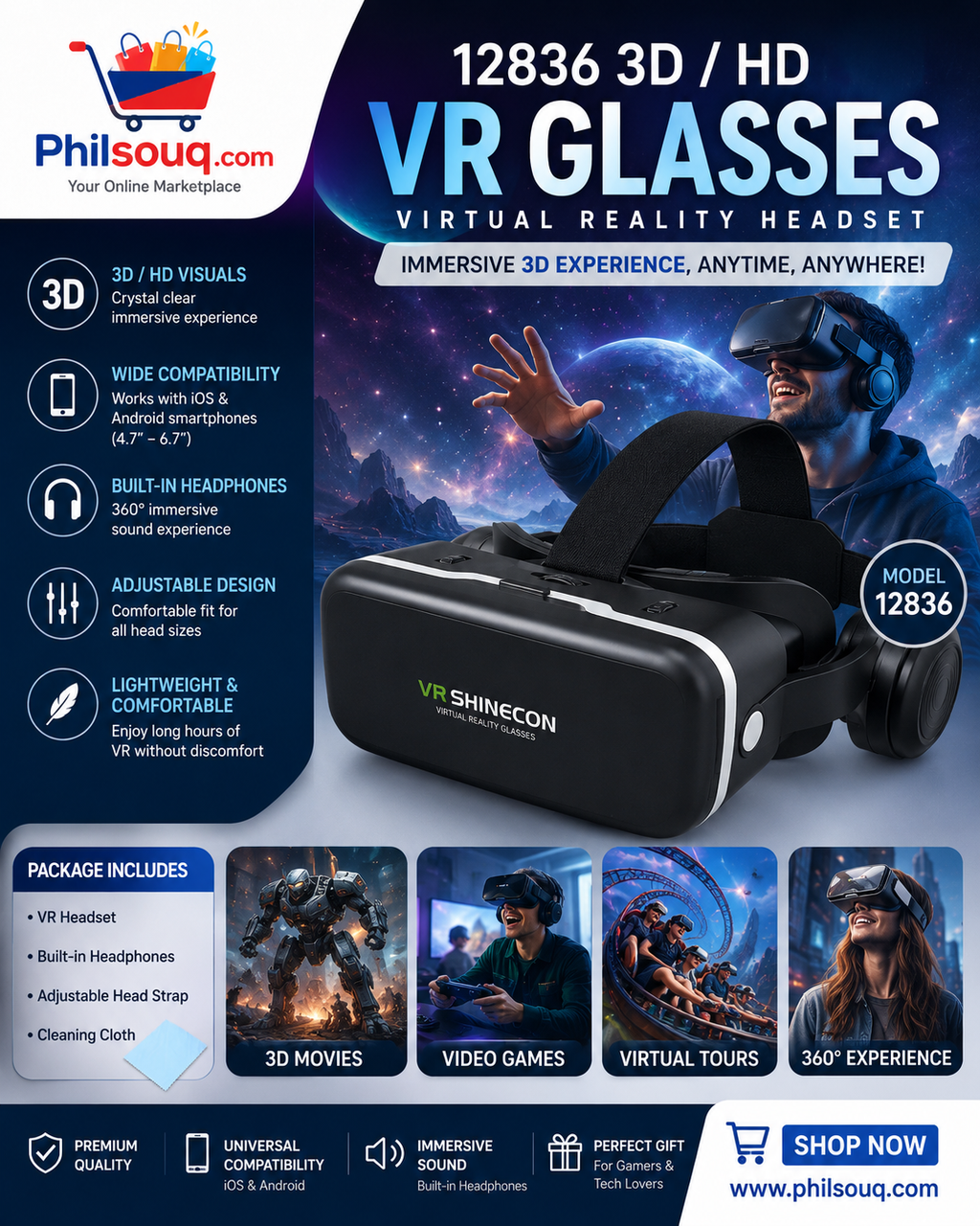 12836 3d Hd Vr Glasses Virtual Reality Goggles Headset For Ios For Android Smartphonevr Goggles-for 3d Vr Movies Video Games With Headphones (1 Pc)