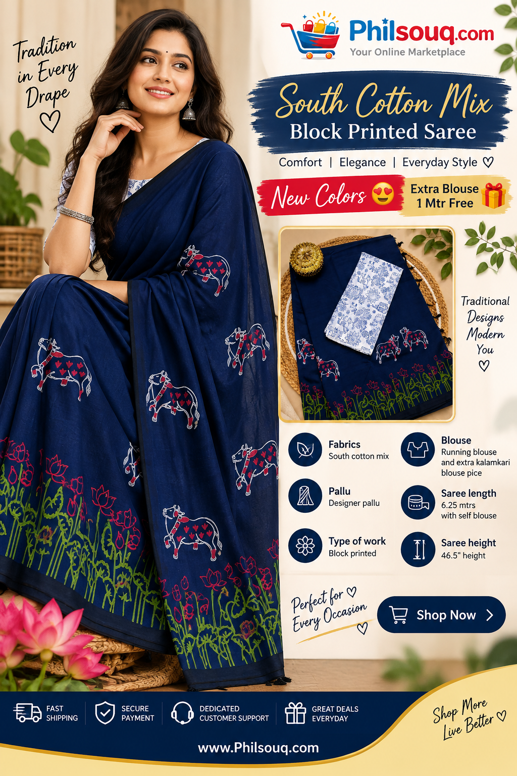 South Cotton Mix Block Printed Saree - DKS