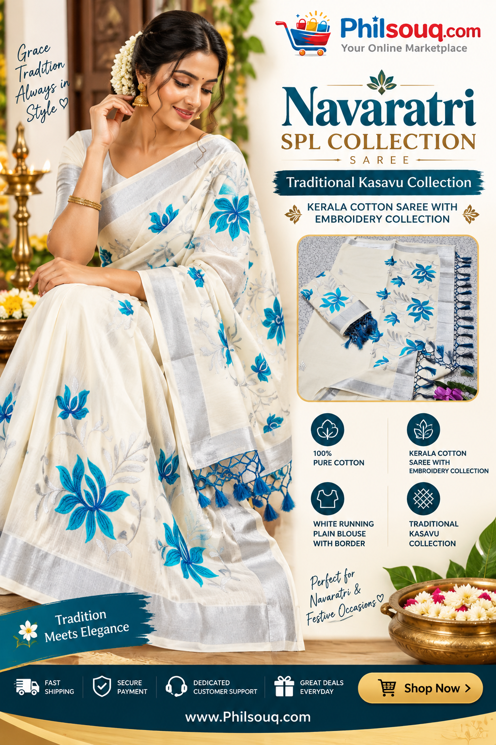 Special Collection – Traditional Kerala Kasavu Cotton Saree - DKS