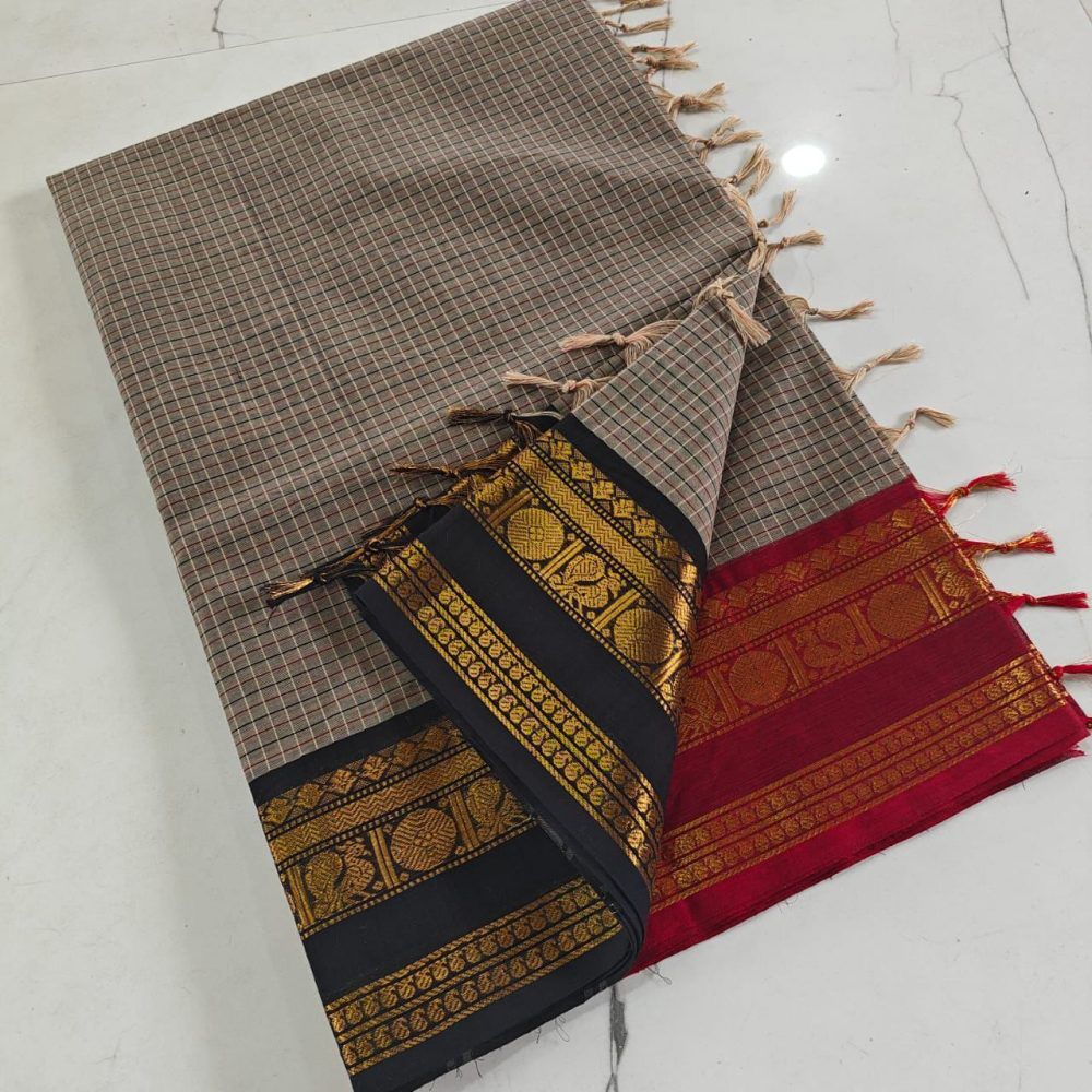 Ganga Jamuna border Jari Checks Chettinad cotton Saree - KBG