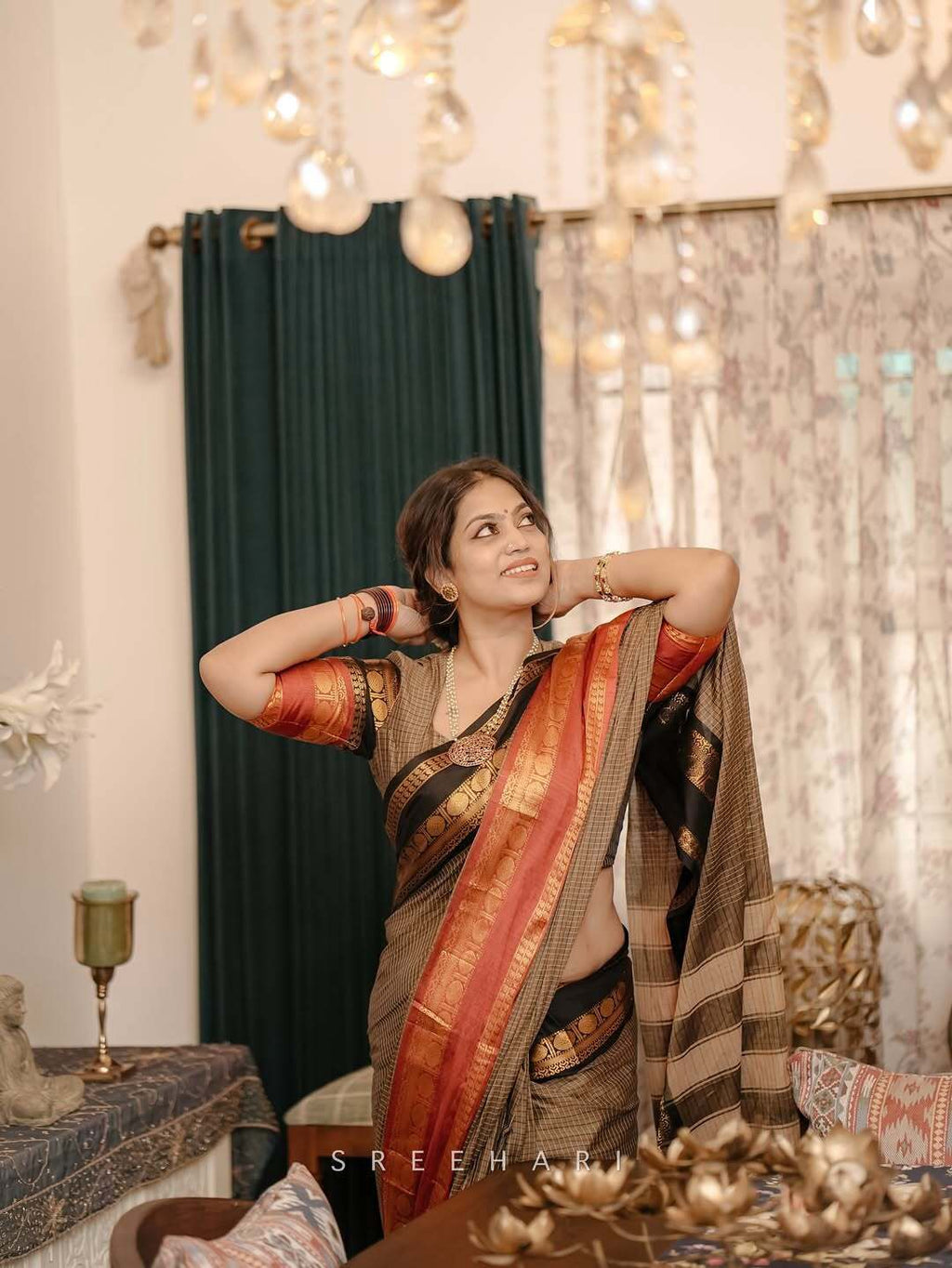 Ganga Jamuna border Jari Checks Chettinad cotton Saree - KBG
