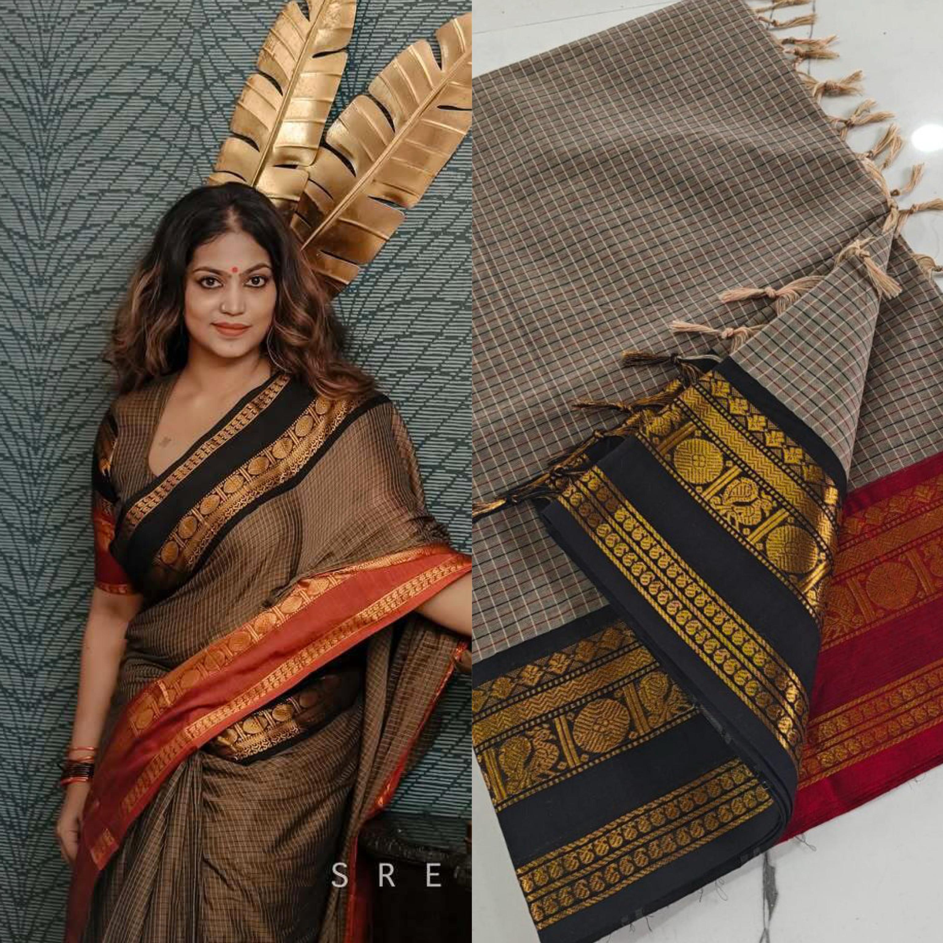 Ganga Jamuna border Jari Checks Chettinad cotton Saree - KBG