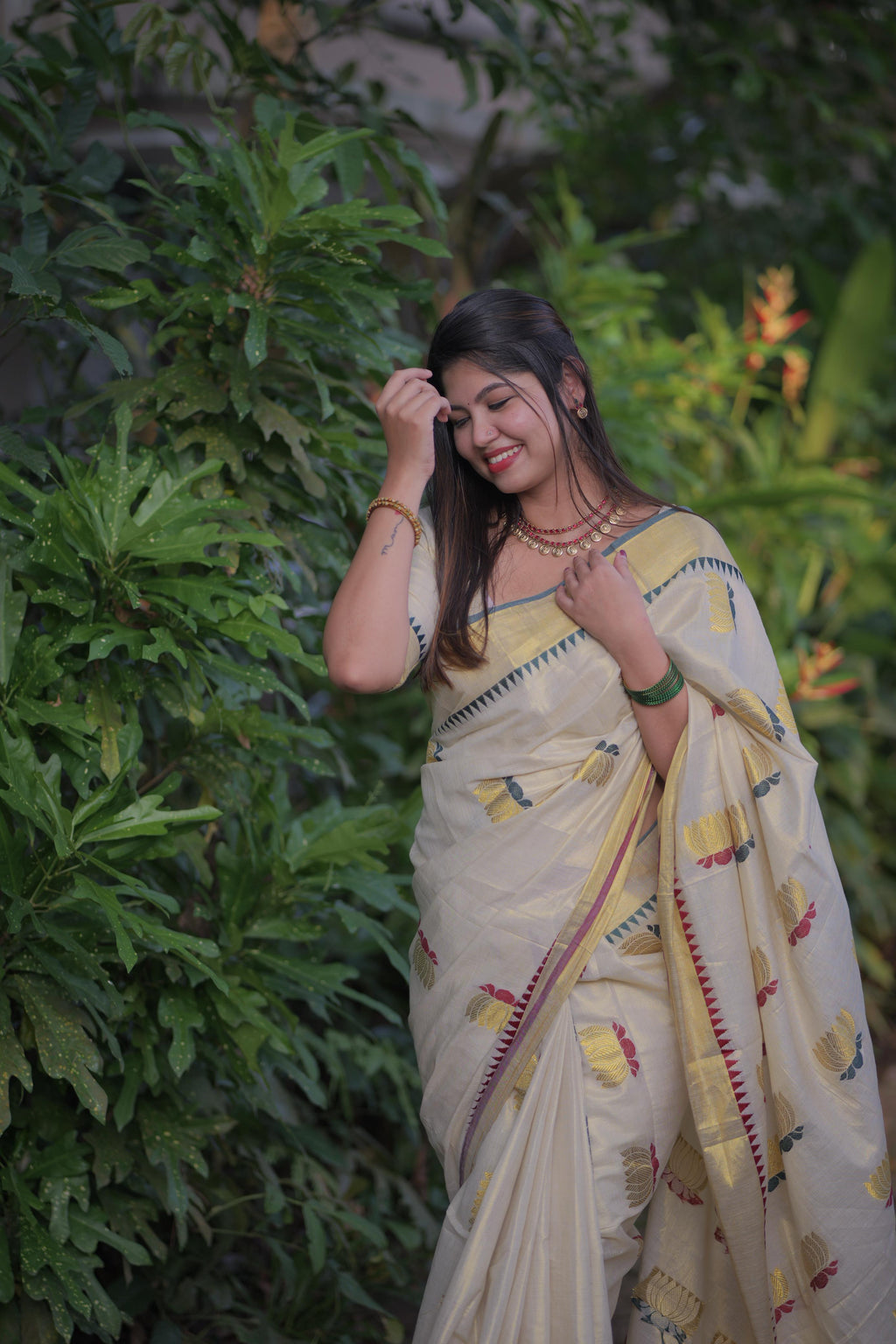 Lotus Weave Golden Tissue Saree with Temple Borders - KBG