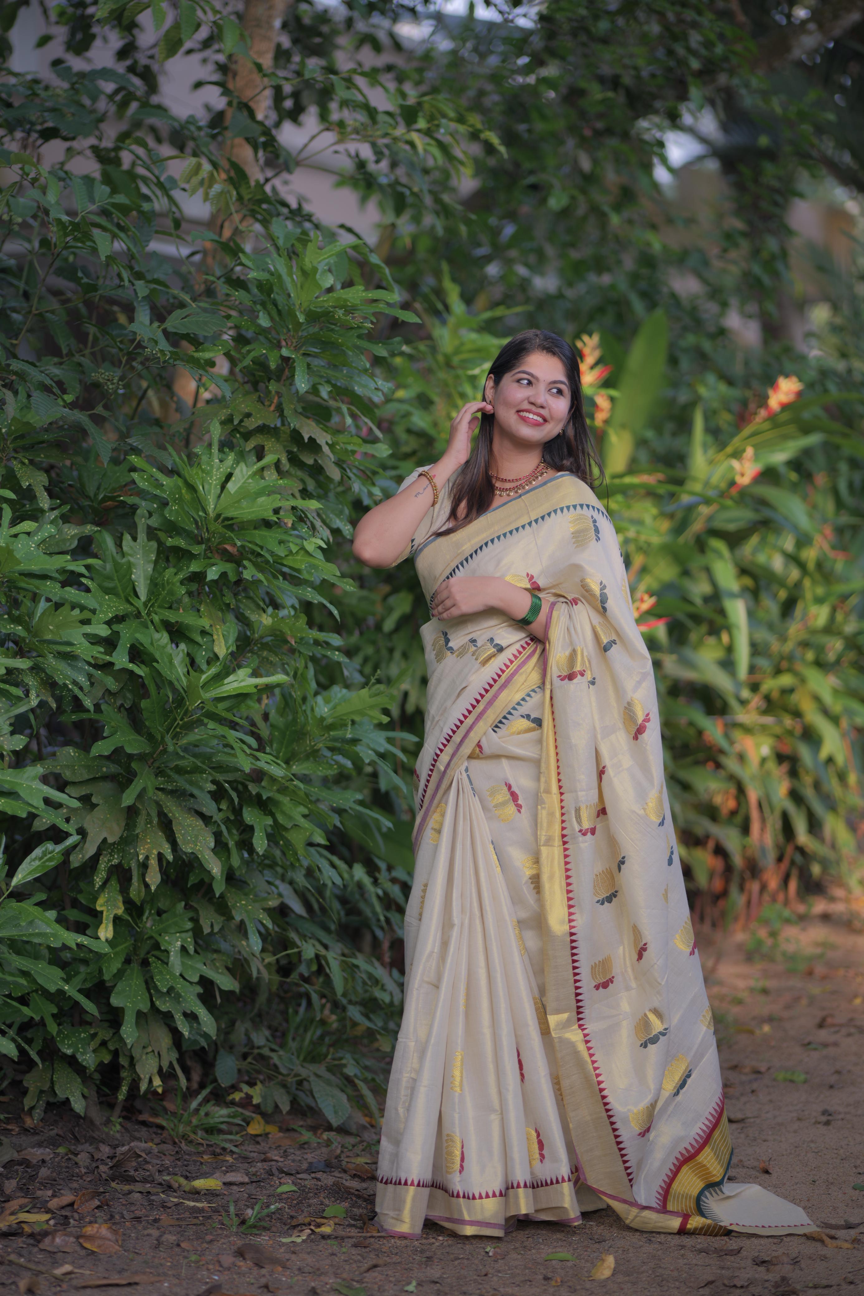 Lotus Weave Golden Tissue Saree with Temple Borders - KBG