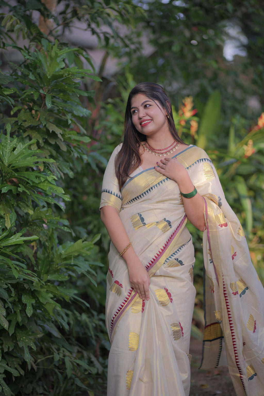 Lotus Weave Golden Tissue Saree with Temple Borders - KBG