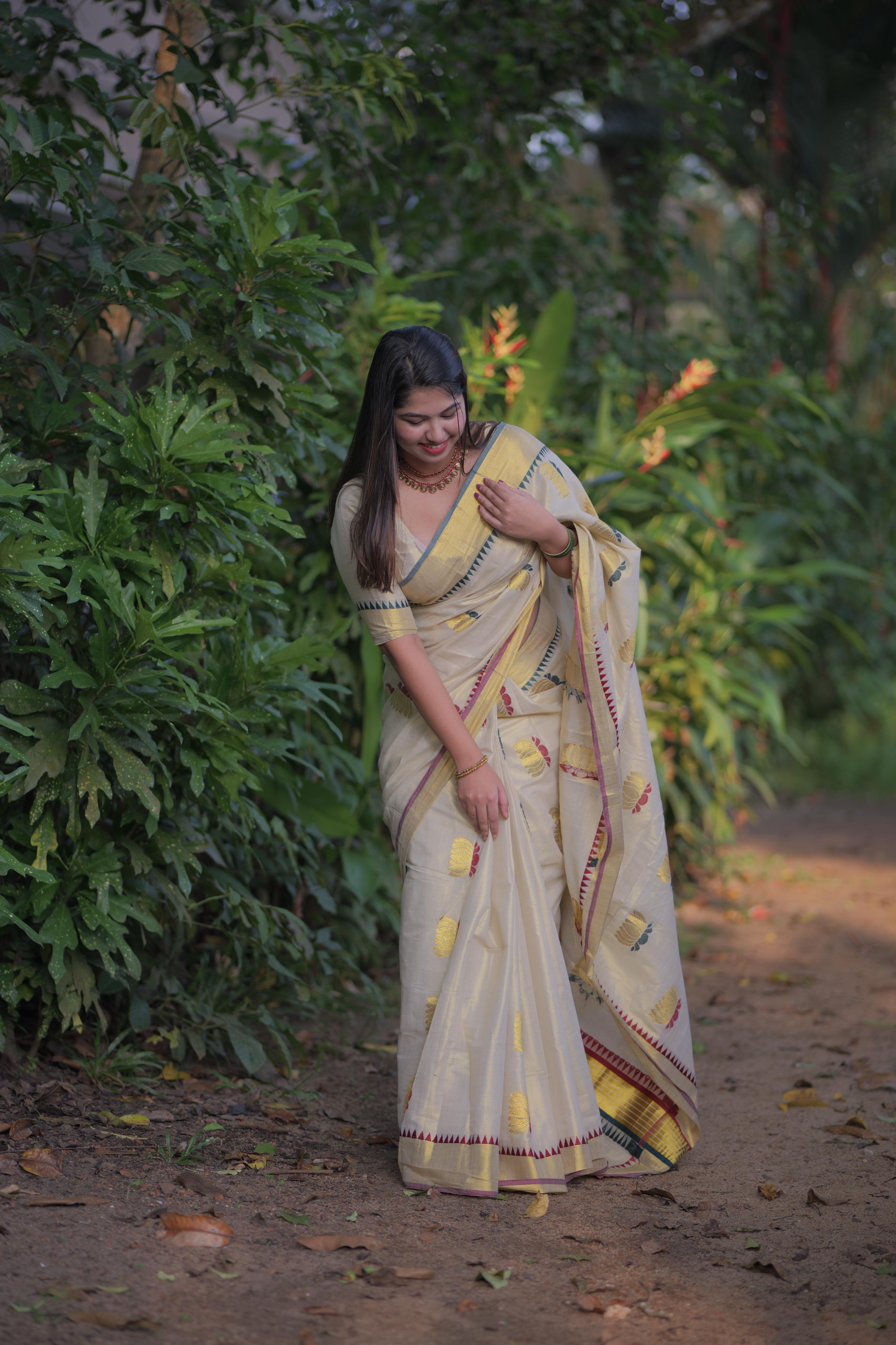 Lotus Weave Golden Tissue Saree with Temple Borders - KBG