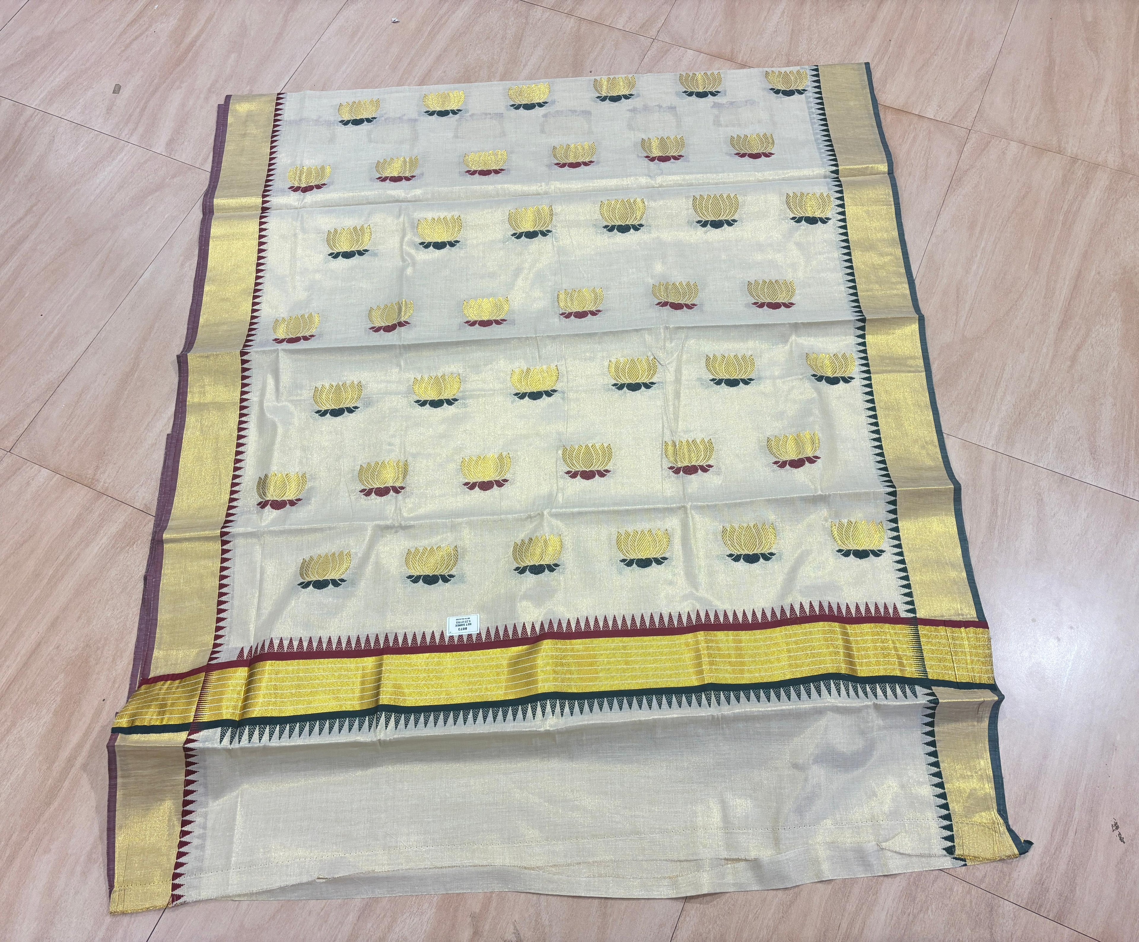 Lotus Weave Golden Tissue Saree with Temple Borders - KBG