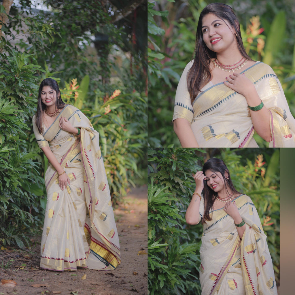 Lotus Weave Golden Tissue Saree with Temple Borders - KBG