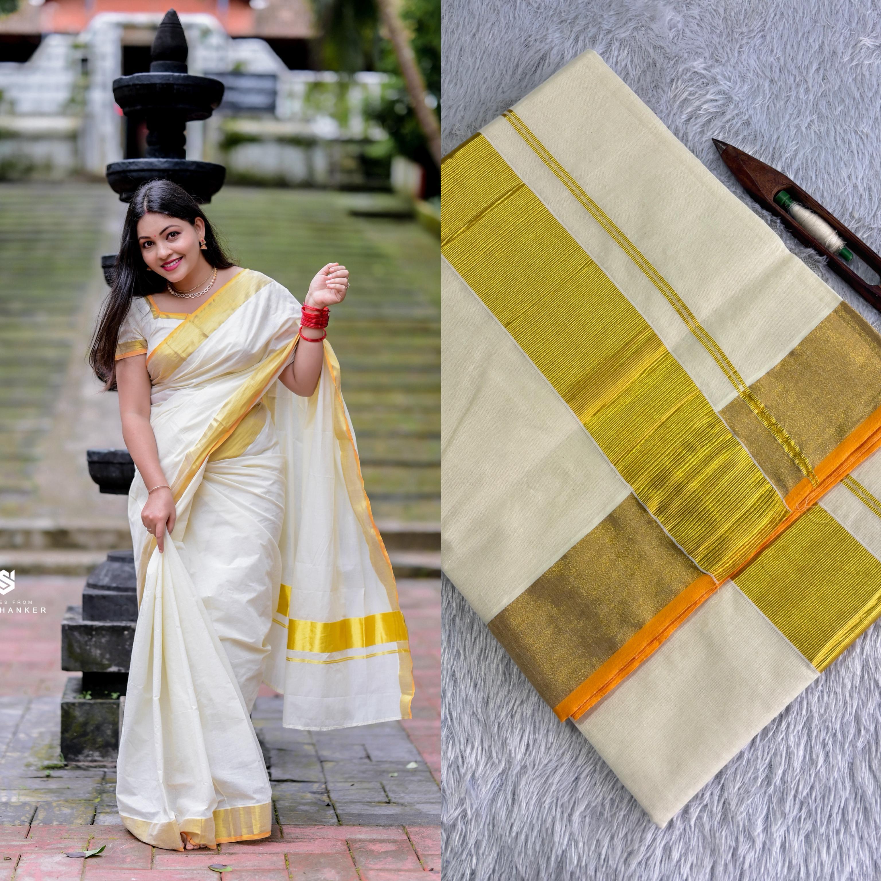 Balaramapuram Handloom Inspired Plain Cotton Kasavu Saree - KBG