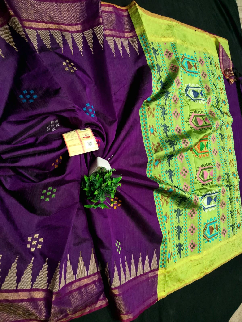 PURE RAW SILK TEMPLE BORDER SAREE - SU