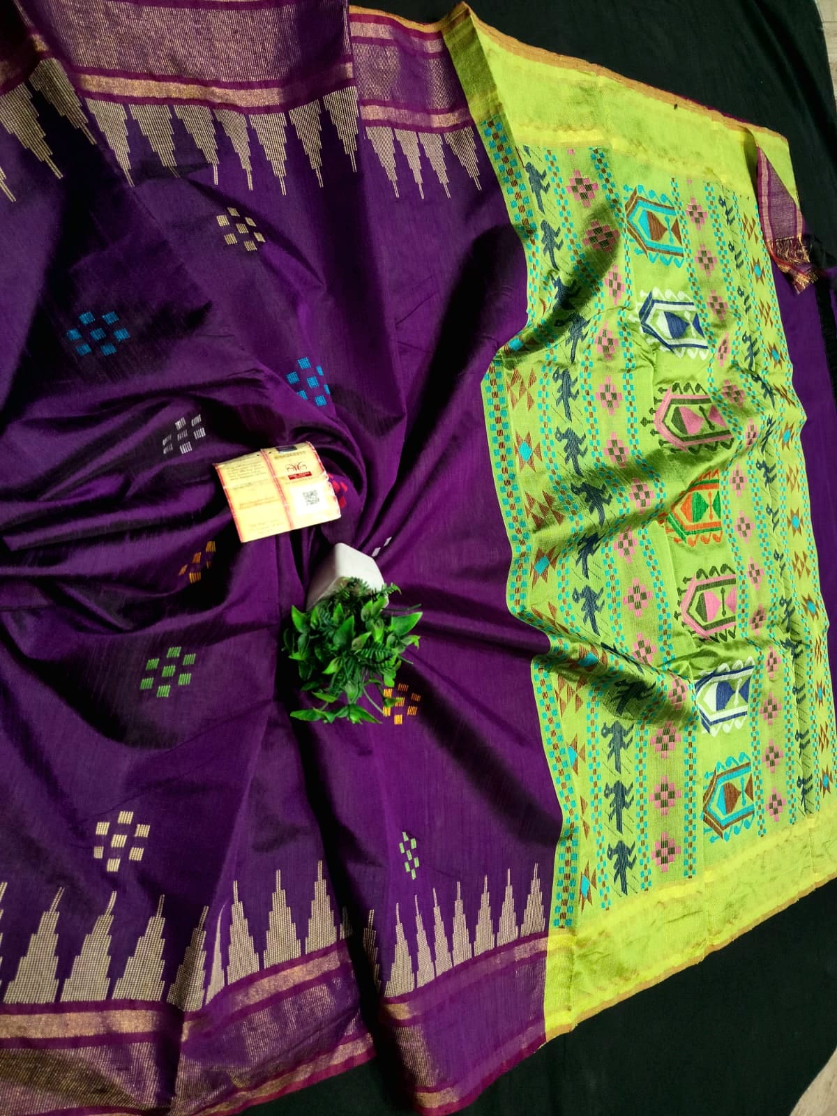 PURE RAW SILK TEMPLE BORDER SAREE - SU