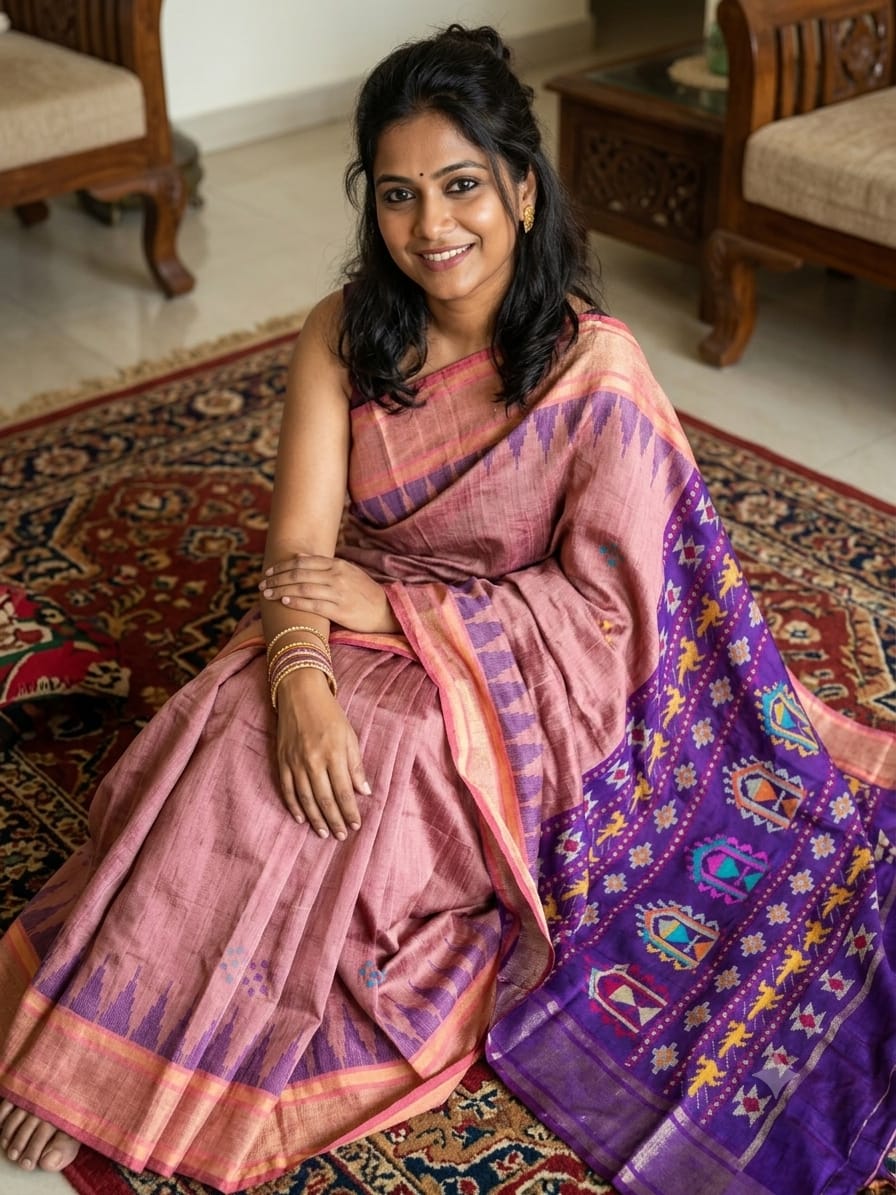 PURE RAW SILK TEMPLE BORDER SAREE - SU