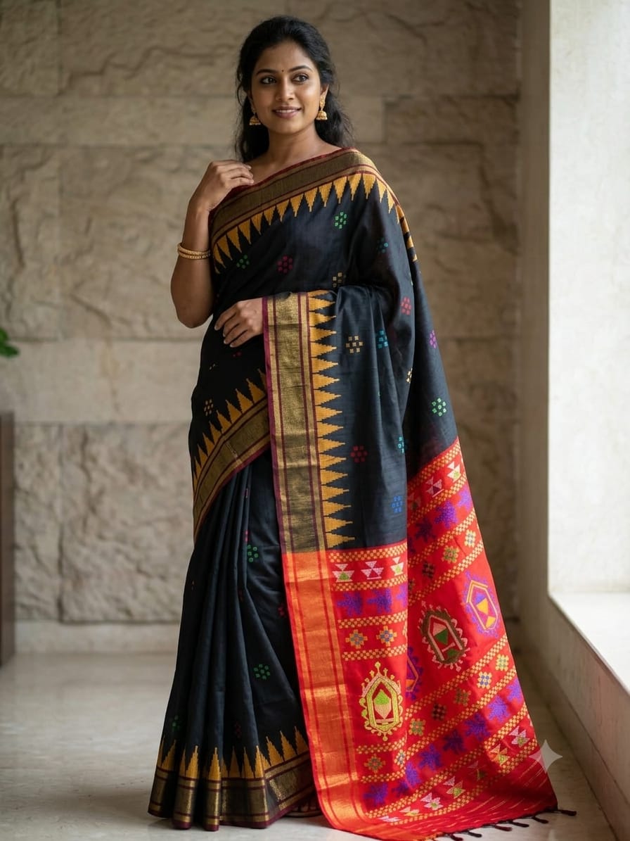 PURE RAW SILK TEMPLE BORDER SAREE - SU