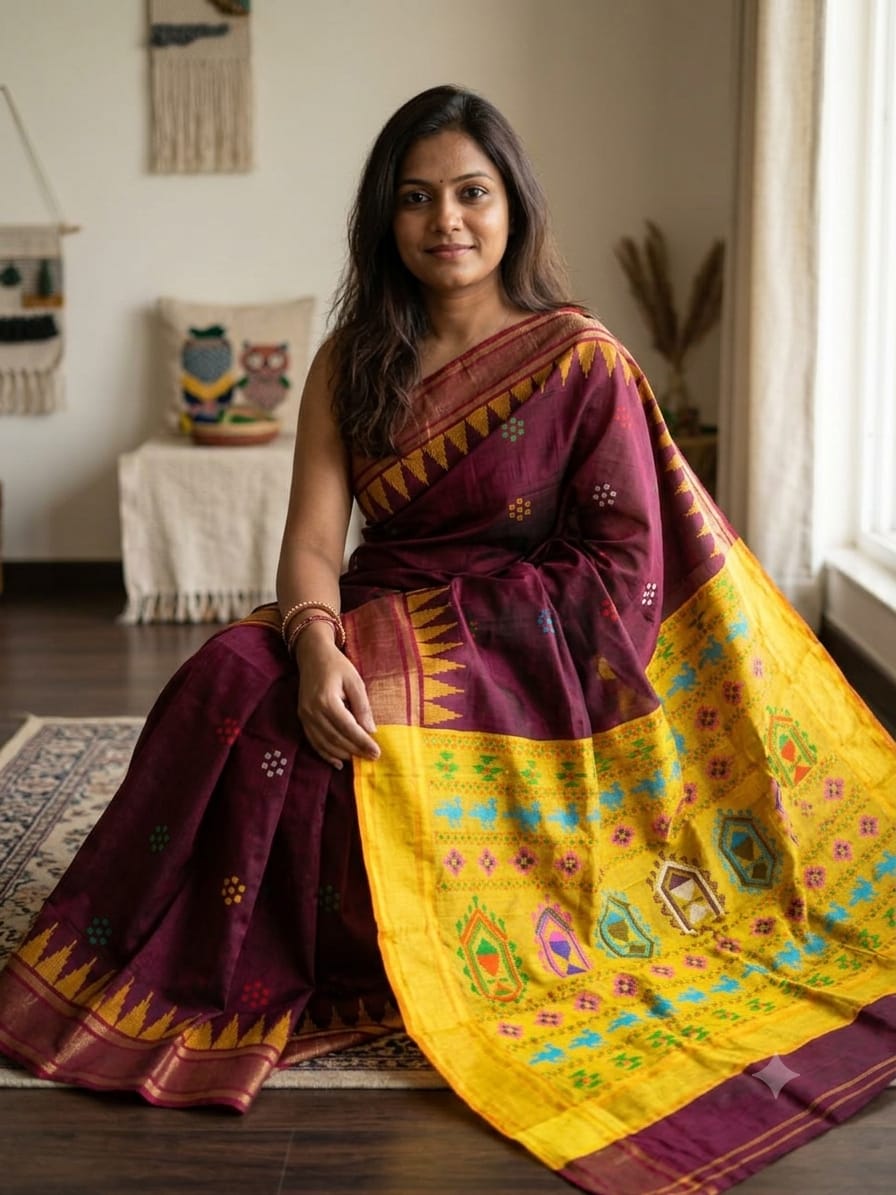 PURE RAW SILK TEMPLE BORDER SAREE - SU
