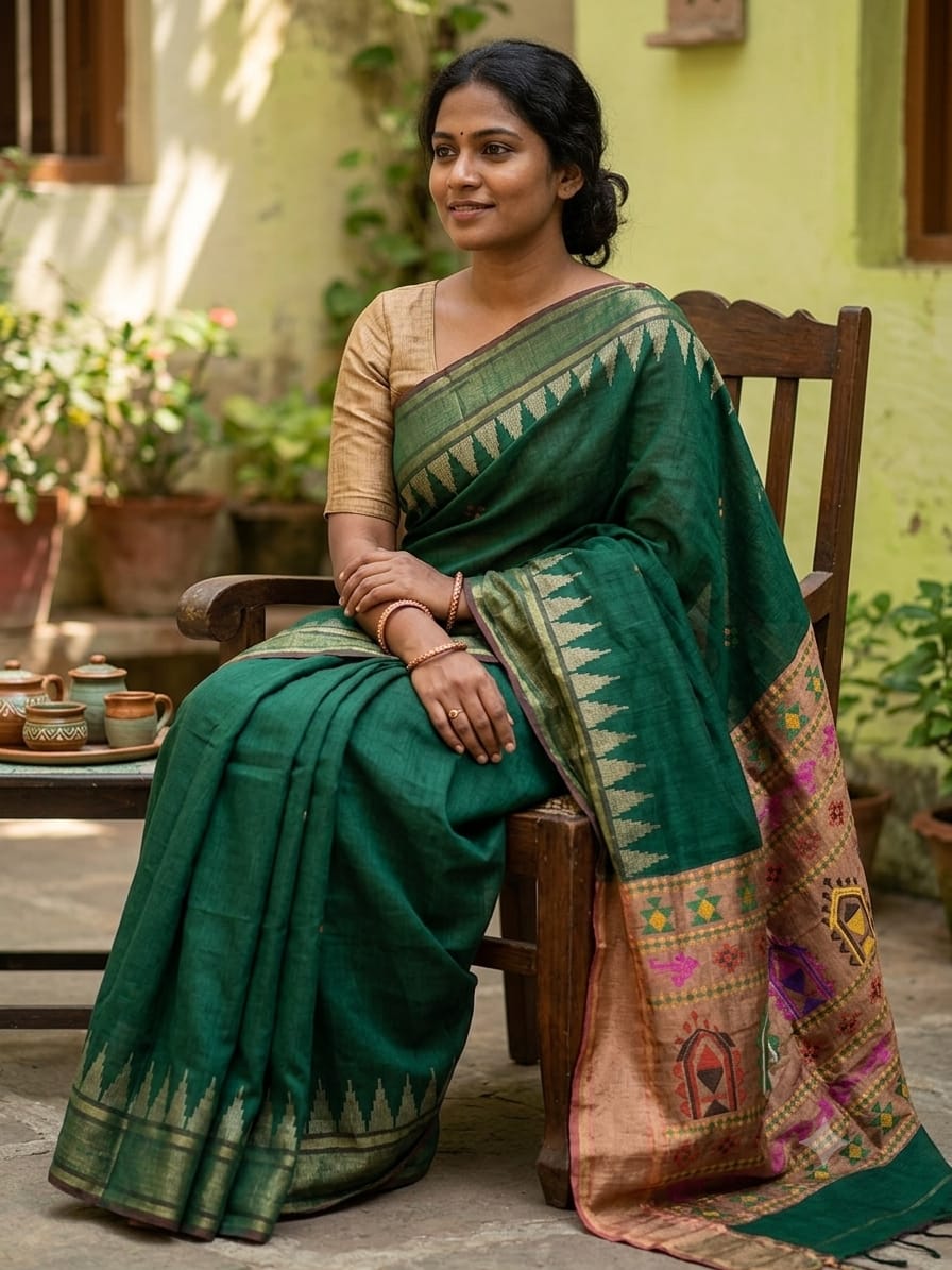 PURE RAW SILK TEMPLE BORDER SAREE - SU