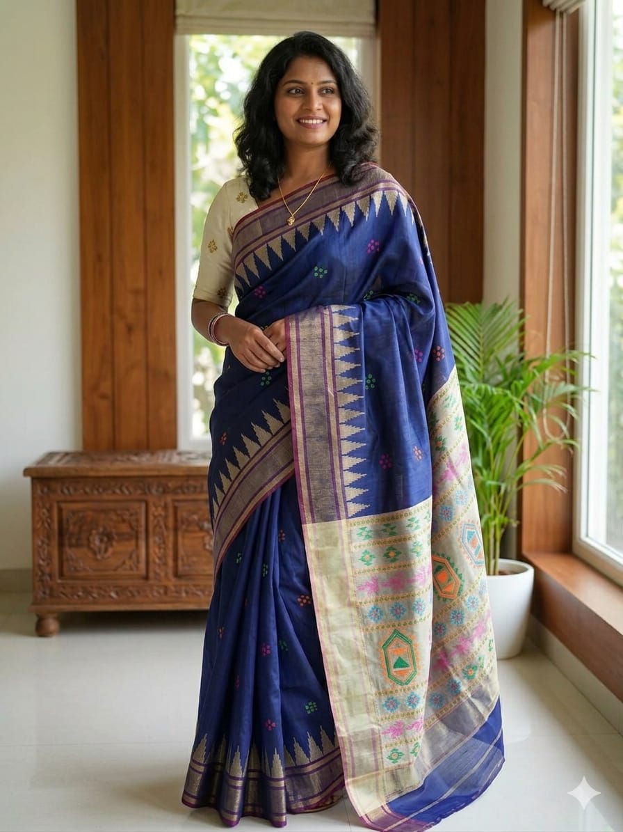PURE RAW SILK TEMPLE BORDER SAREE - SU
