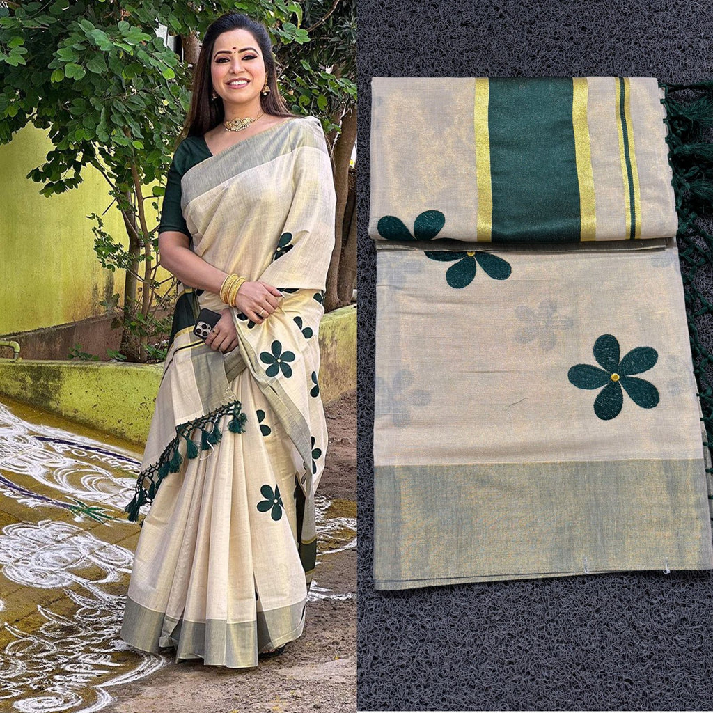 Green Flower Embro Golden Tissue Saree with Tassels - KBG
