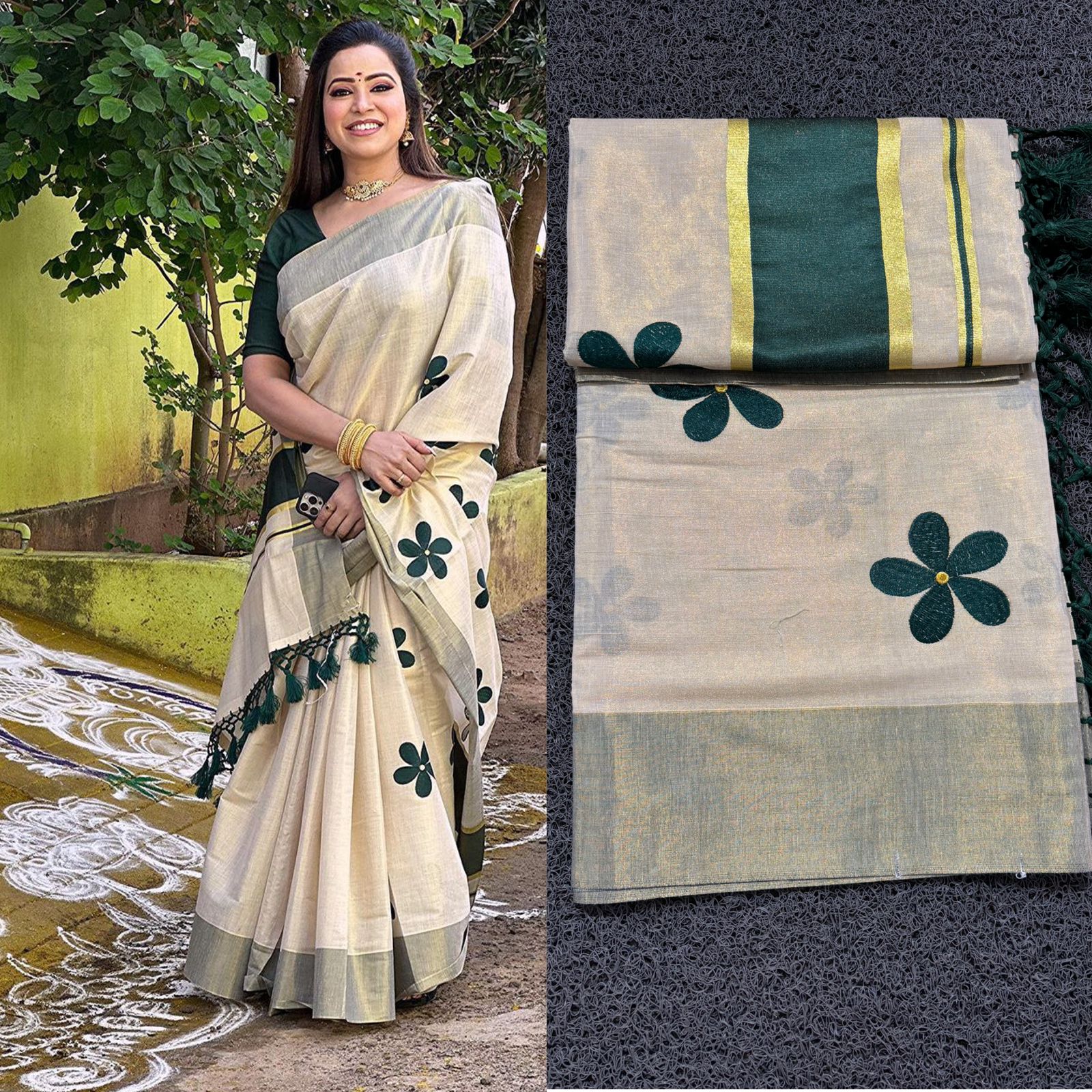Green Flower Embro Golden Tissue Saree with Tassels - KBG