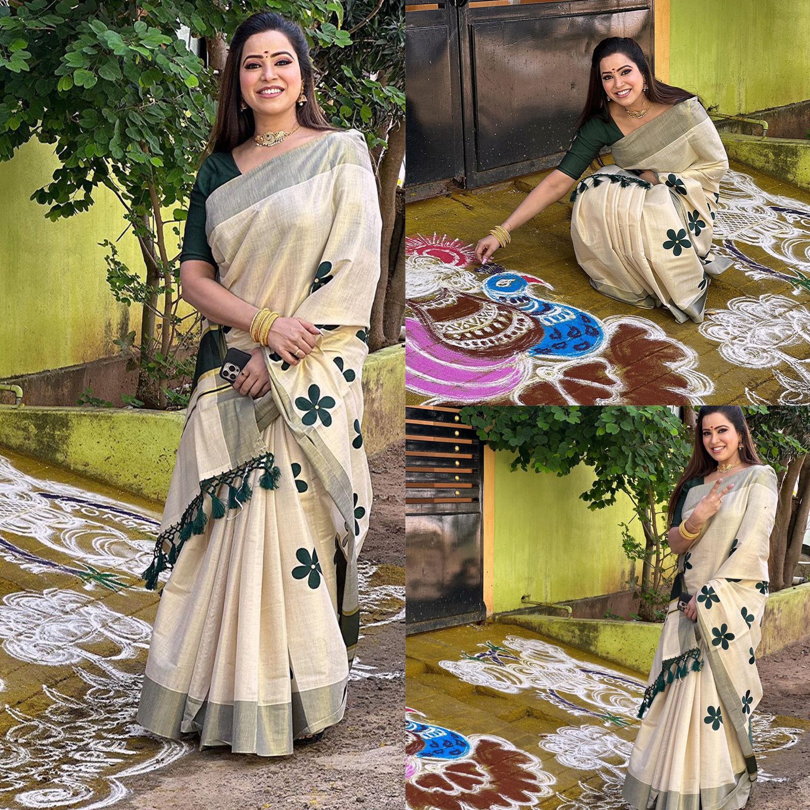 Green Flower Embro Golden Tissue Saree with Tassels - KBG