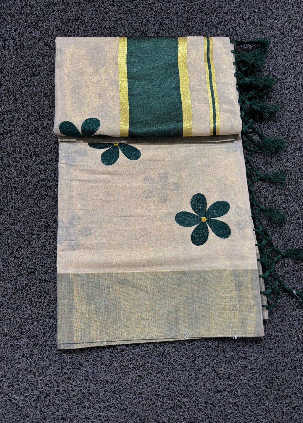 Green Flower Embro Golden Tissue Saree with Tassels - KBG