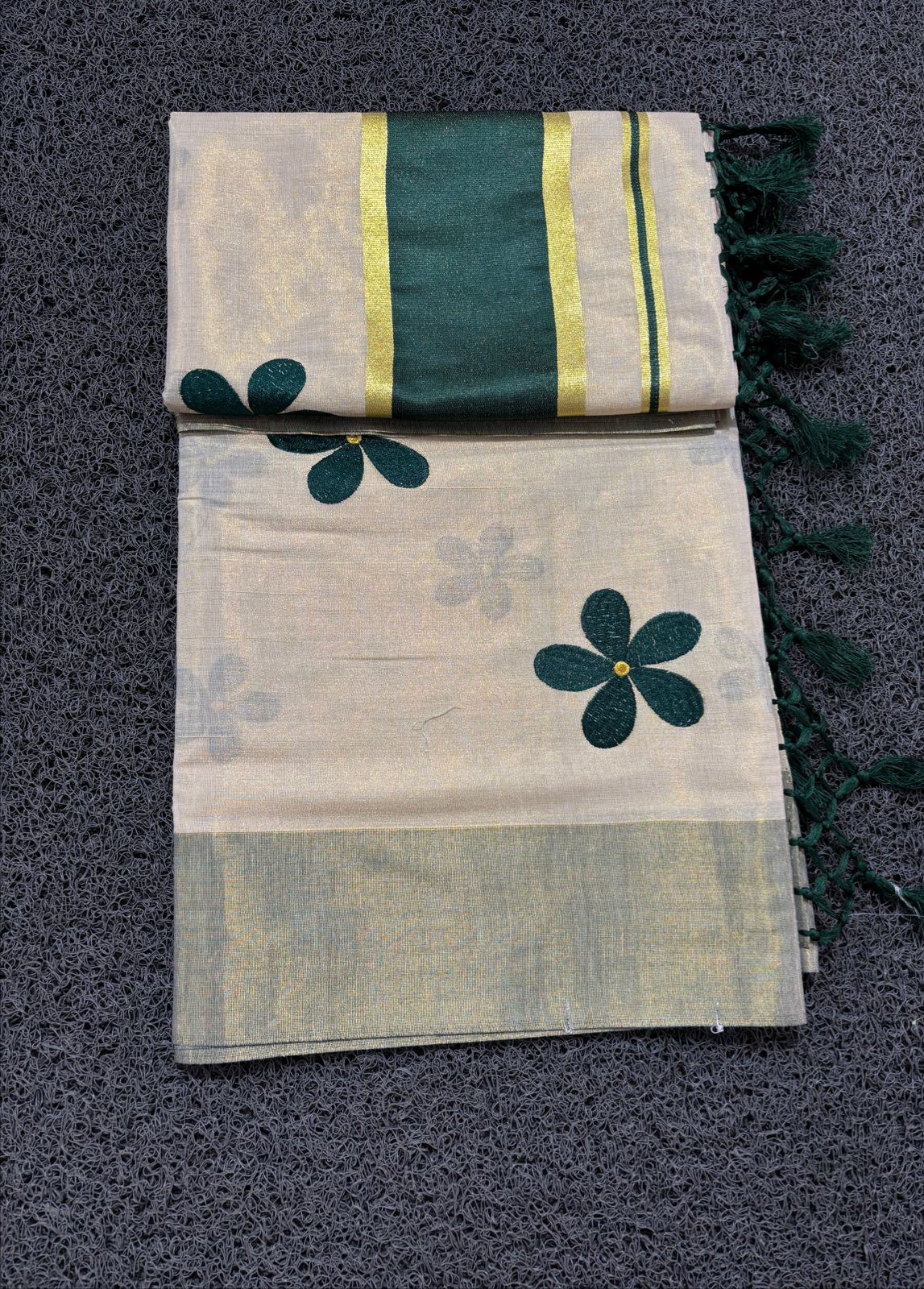Green Flower Embro Golden Tissue Saree with Tassels - KBG