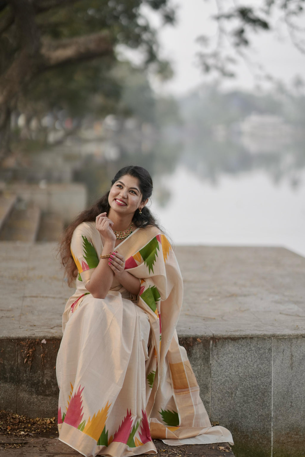 Gopuram Multi Colour Temple Golden Tissue Saree - KBG