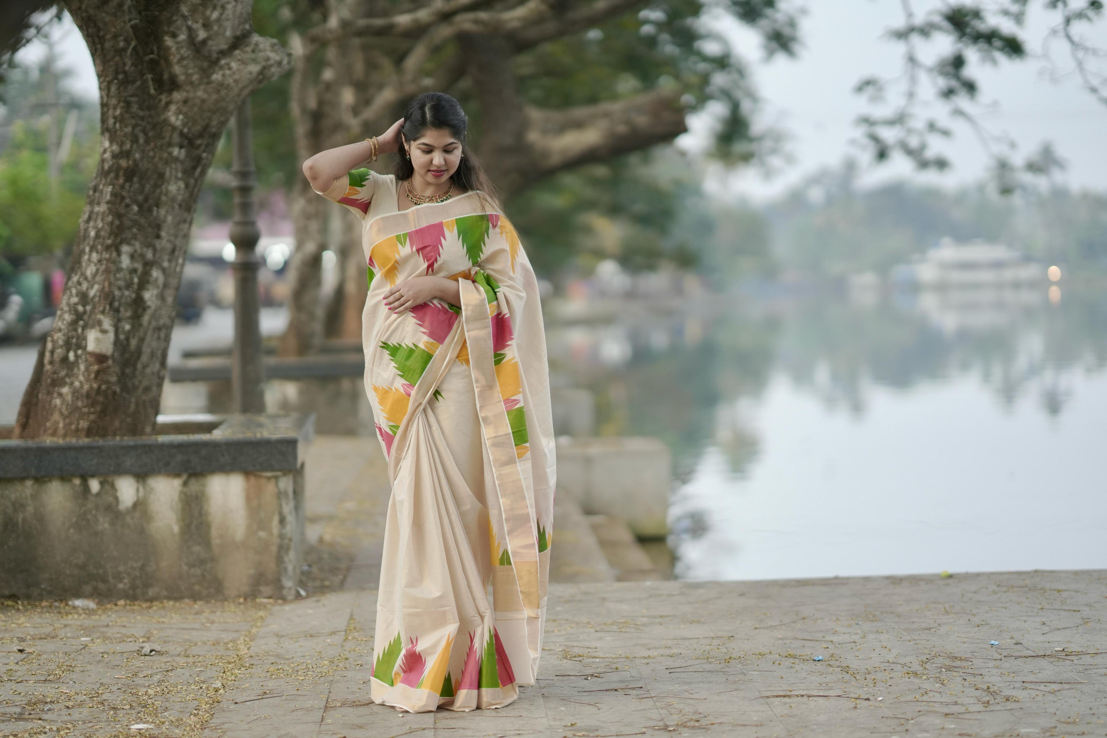 Gopuram Multi Colour Temple Golden Tissue Saree - KBG