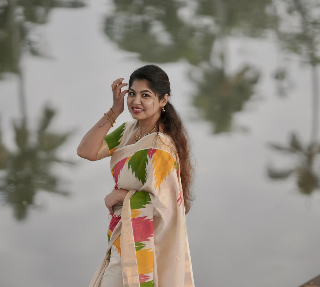 Gopuram Multi Colour Temple Golden Tissue Saree - KBG