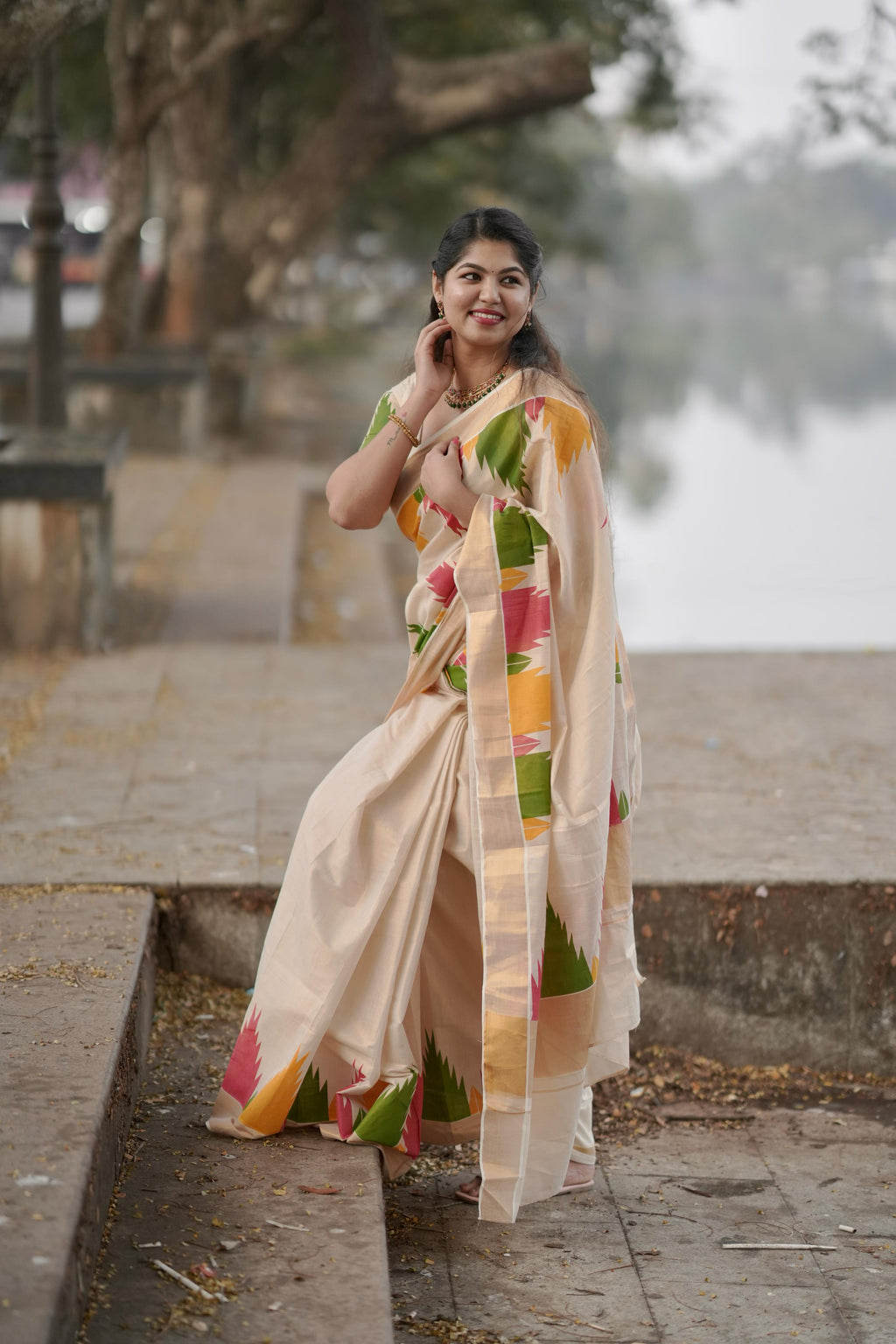 Gopuram Multi Colour Temple Golden Tissue Saree - KBG