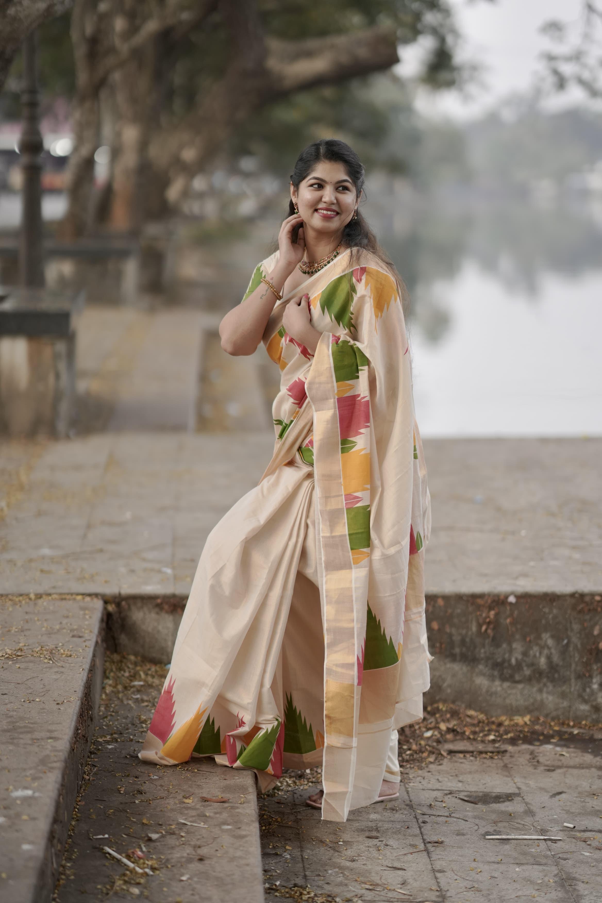 Gopuram Multi Colour Temple Golden Tissue Saree - KBG